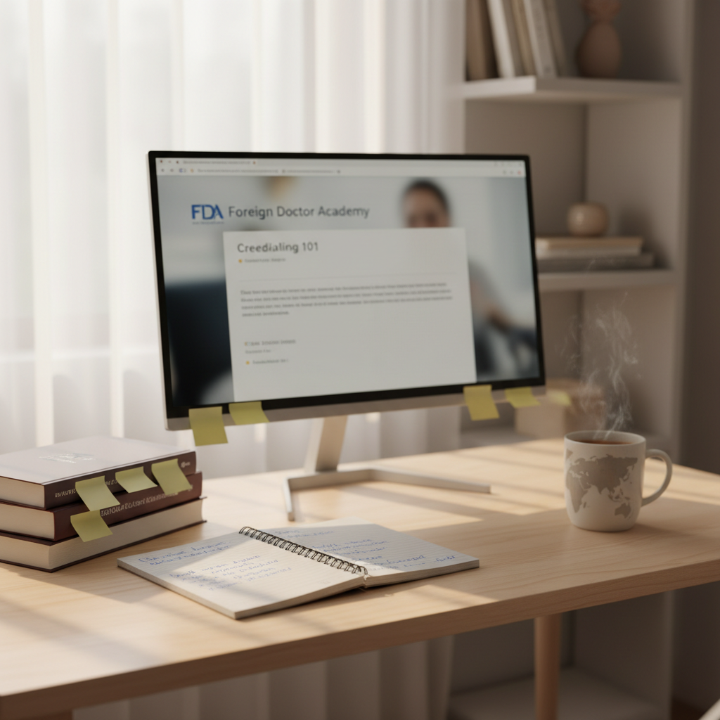A bright, inviting home study corner set up for a foreign-trained medical professional’s online class. A thin, modern monitor on a light wood desk displays a blurred webinar interface with visible headings like “FDA Foreign Doctor Academy” and “Credentialing 101.” On the desk are an open spiral notebook filled with neatly written medical terminology, a small stack of exam prep books with sticky notes, and a ceramic mug printed with a subtle world map. Morning sunlight filters through sheer white curtains, creating a soft glow and gentle shadows on the desk surface. Photographic realism from a natural seated-eye level, with a shallow depth of field keeping the desk contents crisp while the background—simple shelving with neutral decor—is softly blurred, evoking focus, comfort, and international ambition.