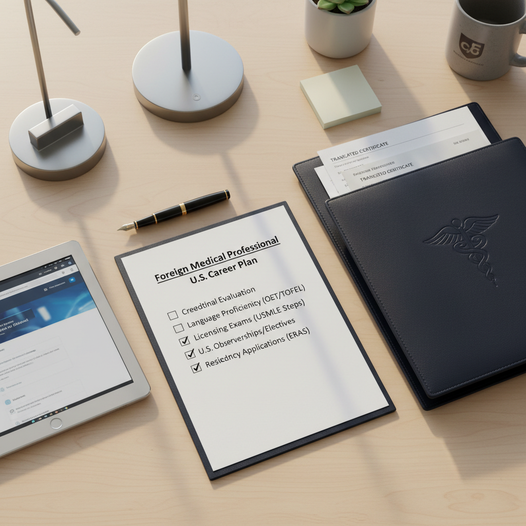 An overhead photographic view of a carefully organized application preparation desk, dominated by a crisp checklist titled “Foreign Medical Professional U.S. Career Plan.” The checklist features neatly ticked boxes for credential evaluation, language proficiency, licensing exams, observerships, and residency applications. Beside it lies a professional-looking navy portfolio folder embossed with a subtle caduceus symbol, partially open to reveal transcripts and translated certificates. A tablet displays a blurred, modern web interface suggesting an online academy dashboard. Soft, warm afternoon light enters from the top left, casting gentle shadows of a metal paperclip tray and a slim desk lamp. The mood is calm, purposeful, and encouraging, rendered in clean photographic realism with a balanced, centered composition and moderate depth of field.