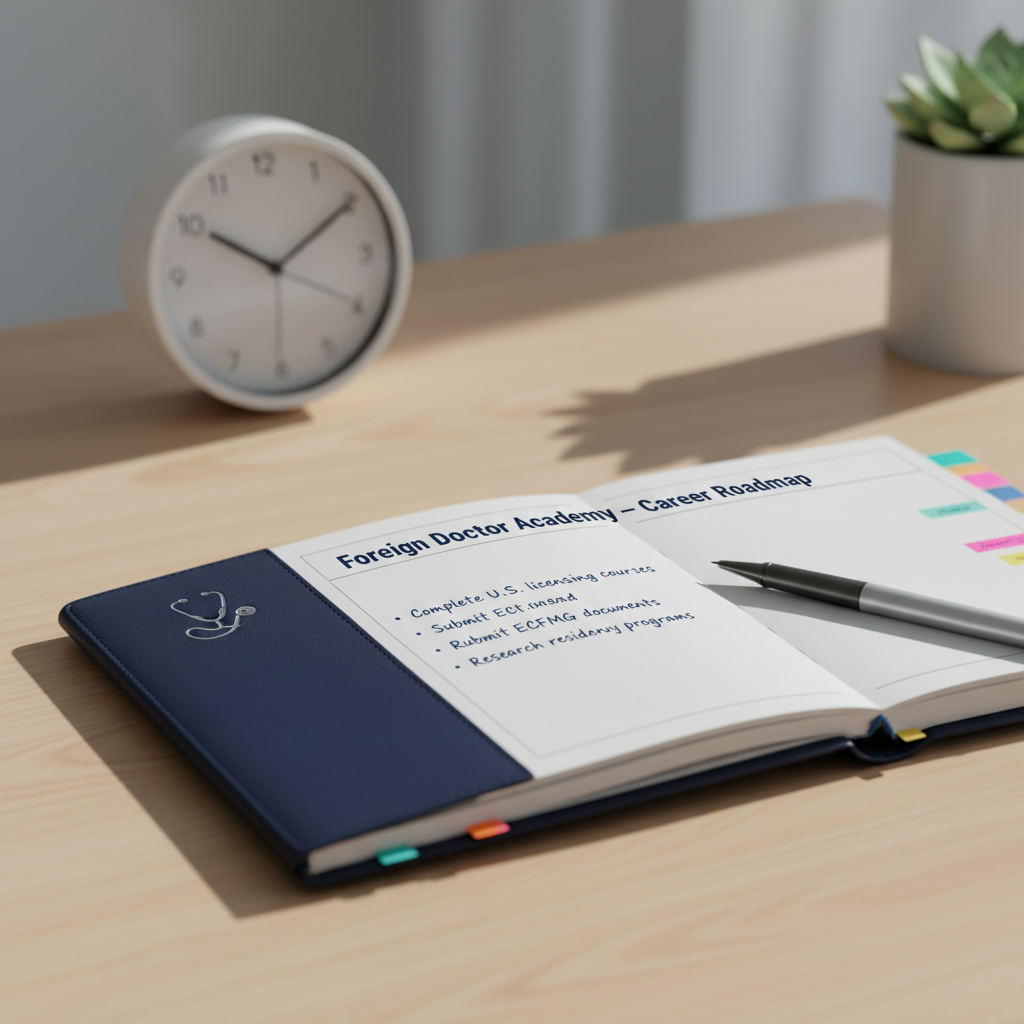 A close-up photographic scene of a navy-blue leather-bound planner embossed with a small silver stethoscope icon, lying on a tidy light oak desk. Its open pages reveal a weekly spread labeled “Foreign Doctor Academy – Career Roadmap,” filled with handwritten goals such as “Complete U.S. licensing courses,” “Submit ECFMG documents,” and “Research residency programs.” Color-coded tabs and slim sticky notes protrude from the edges, adding texture and vibrancy. A fine-tipped pen rests diagonally across the page, and a minimalist desk clock in the background reads 8:00, suggesting an early start. Soft, cool daylight from the left casts delicate shadows and highlights the planner’s texture, while a shallow depth of field gently blurs the clock and background, creating a focused, aspirational mood in clean photographic realism.
