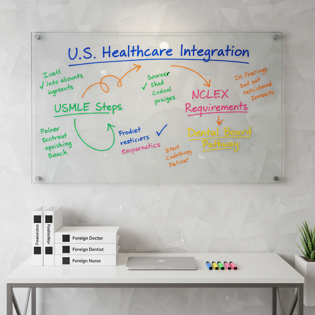 A clean, modern study space featuring a large wall-mounted glass board meticulously covered with color-coded handwritten notes: “USMLE Steps,” “NCLEX Requirements,” “Dental Board Pathway,” and arrows connecting each milestone toward a bold heading “U.S. Healthcare Integration.” Below, a minimalist white table supports neatly stacked binders labeled “Foreign Doctor,” “Foreign Dentist,” and “Foreign Nurse,” alongside a closed silver laptop and a precise row of highlighters. Cool, diffused office lighting illuminates the glossy surface of the glass board, creating delicate reflections without glare. Captured in photographic realism from a slightly wide, straight-on angle, the composition emphasizes clarity, structure, and long-term planning, with crisp focus throughout to convey order, guidance, and a sense of achievable career progression for international medical professionals.