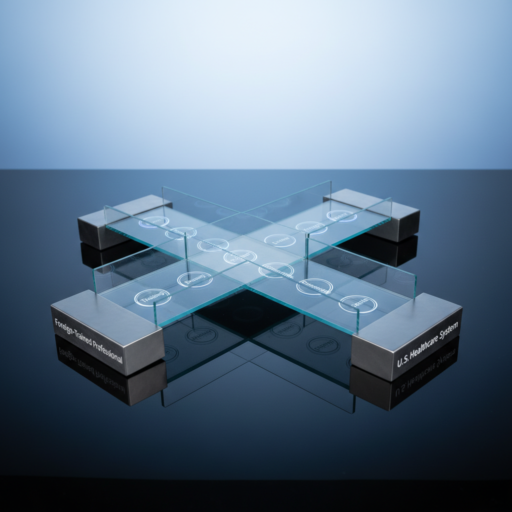 A symbolic, photographic scene of a sleek, contemporary bridge model made of brushed steel and glass, spanning between two labeled platforms. One side is etched “Foreign-Trained Professional,” the other “U.S. Healthcare System.” Along the walkway, small illuminated markers glow with etched words like “Training,” “Exams,” “Mentorship,” and “Career Planning.” The bridge stands on a reflective black surface, mirroring its elegant structure, while a softly lit blue gradient background suggests depth and possibility. Cool, diffused studio lighting highlights the metallic textures without harsh reflections. Shot from a slightly low, three-quarter angle to give the bridge a sense of grandeur, the composition is minimalist yet powerful, conveying trust, transition, and structured support through photographic realism.
